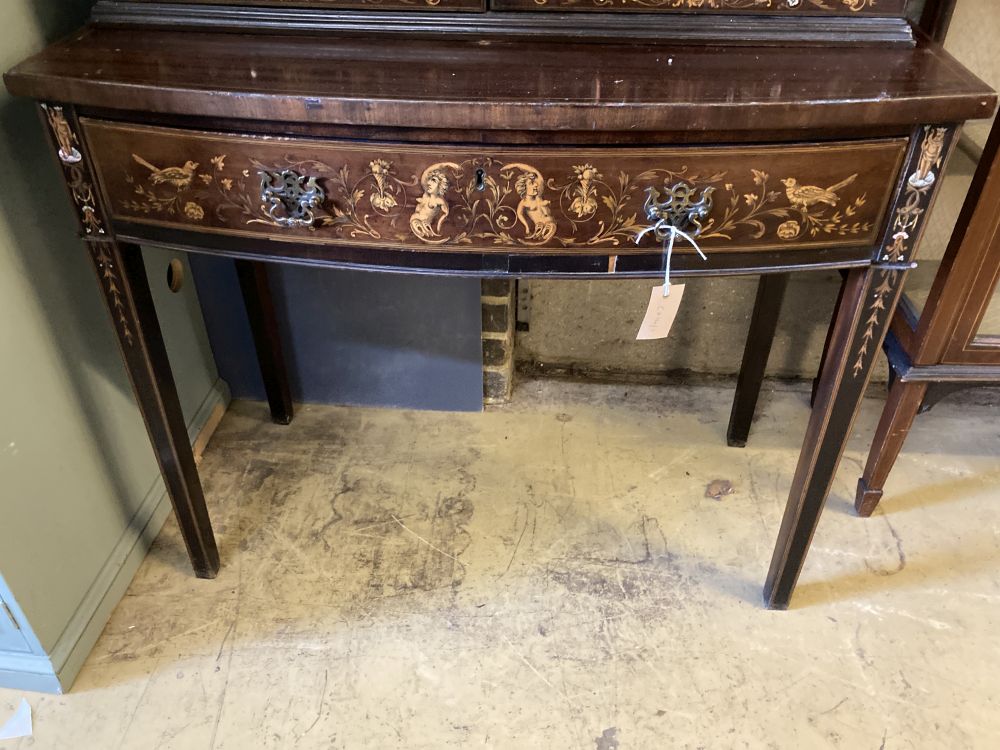 An Edwardian marquetry inlaid mahogany bow front display cabinet, width 92cm, depth 47cm, height 196cm